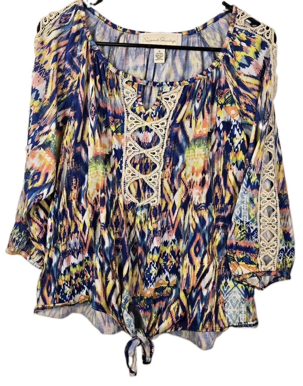French Laundry XL Multicolor Print Top CROCHET ACCENTS Tie Front BOHO HIPPIE